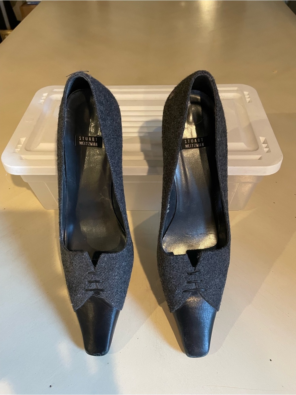 Stuart Weitzman Two-Tone Gray Felt and Black Leather Pointed Pumps